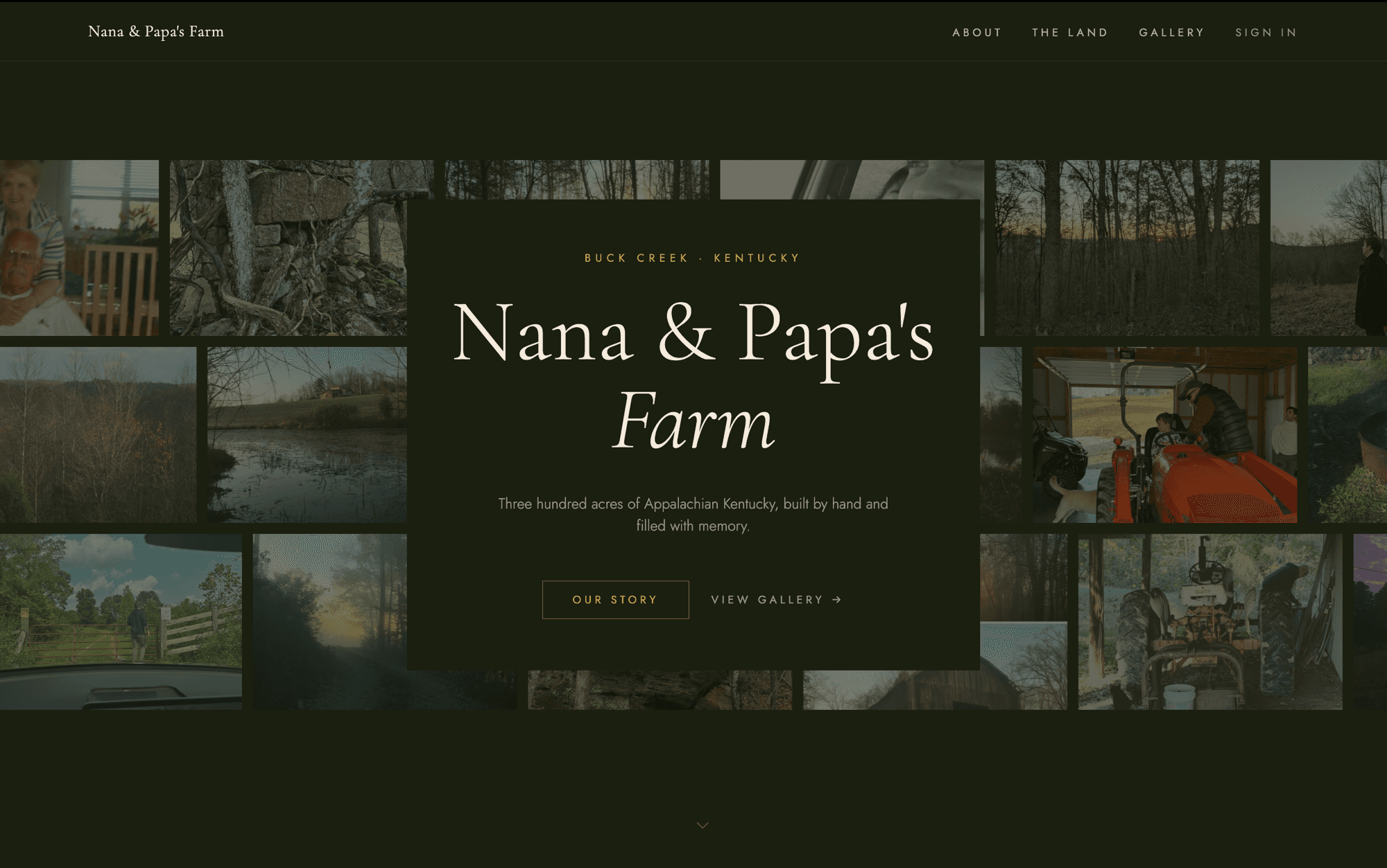 Nana & Papa's Farm — hero with living photo collage background and Cormorant Garamond title